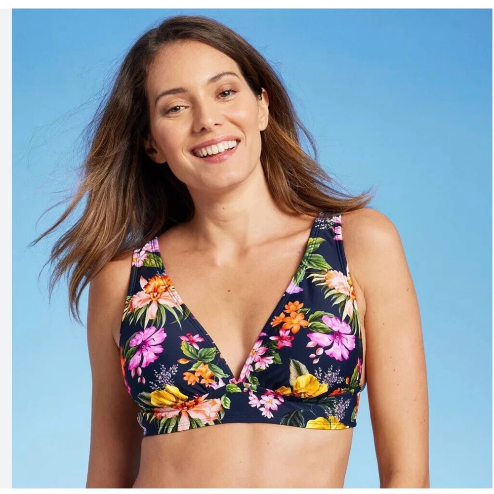 NWT Kona Sol Tropical Print Longline Bikini Top Navy Blue Size Large Beach Vacay